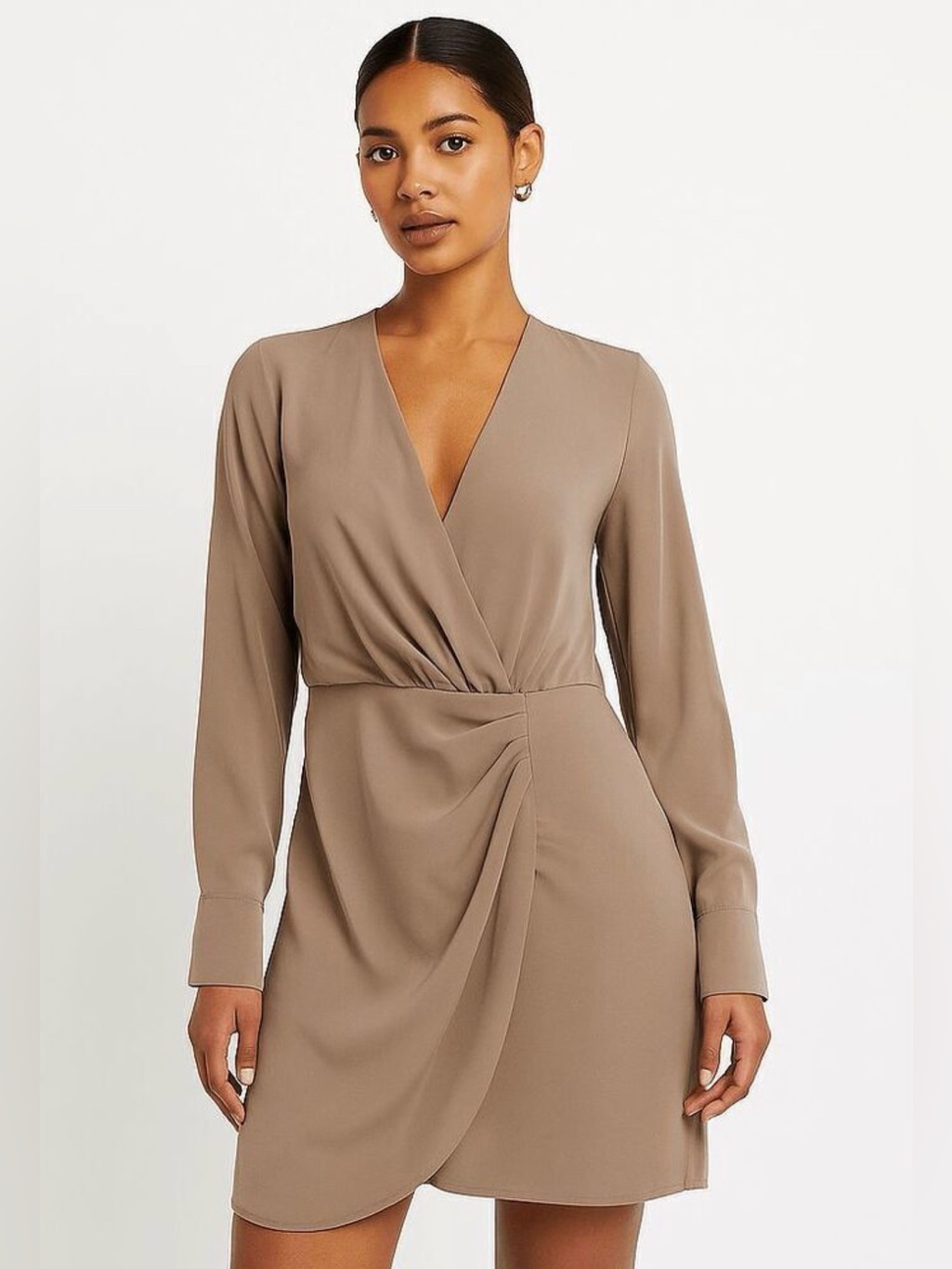 A&F Nude Tan Long Sleeve Faux Wrap Dress, Medium Tall